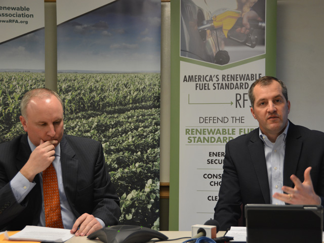 Monte Shaw, executive director of the Iowa Renewable Fuels Association (left), listens as Mike Naig, Iowa&#039;s secretary of agriculture, challenges the requests by small refiners to be exempt from the Renewable Fuel Standard. (DTN photo by Chris Clayton)
